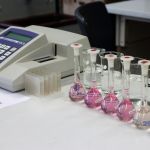 Vorbehandelte Proben von 5 Untersuchungsstellen (+ Eichlösung) zur Nitritbestimmung